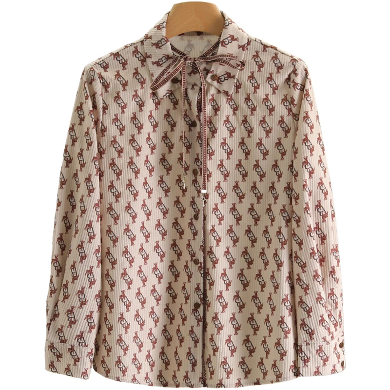 【伍莎-自营】轻熟印花宽松系带长袖衬衫#QBY48S004