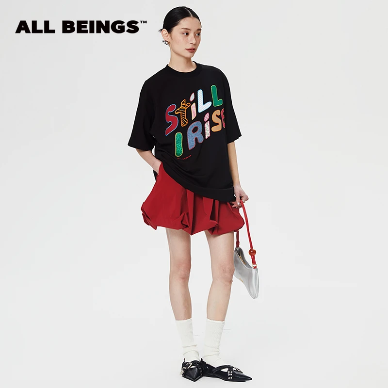 ALL BEINGS【反季福利】25ss春夏设计师彩色贴布绣感黑色T恤