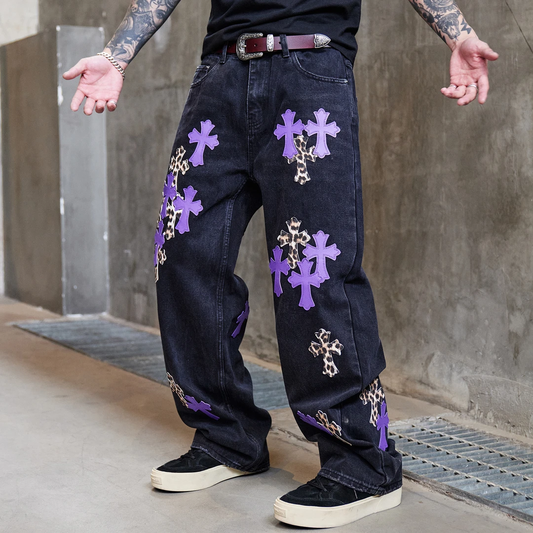 长裤贴皮复古宽松休闲牛仔裤水洗拼皮十字架牛仔裤男潮牌国潮高街