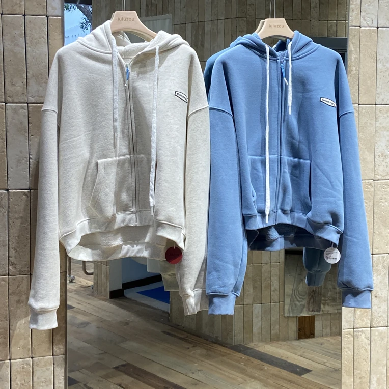 LULUZOU 彩虹豆加绒连帽卫衣外套12176