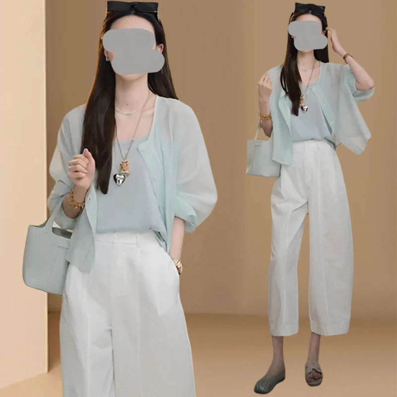 韩系设计感慵懒气质吊带防晒开衫阔腿裤垂感显瘦高级感气质三件套