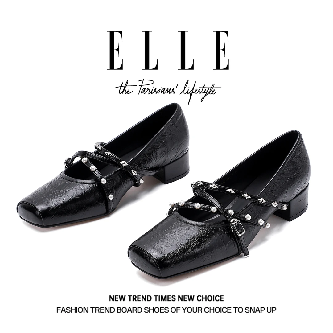 ELLE真皮法式复古猪鼻子高跟鞋女2025新款交叉一字扣带玛丽珍单鞋