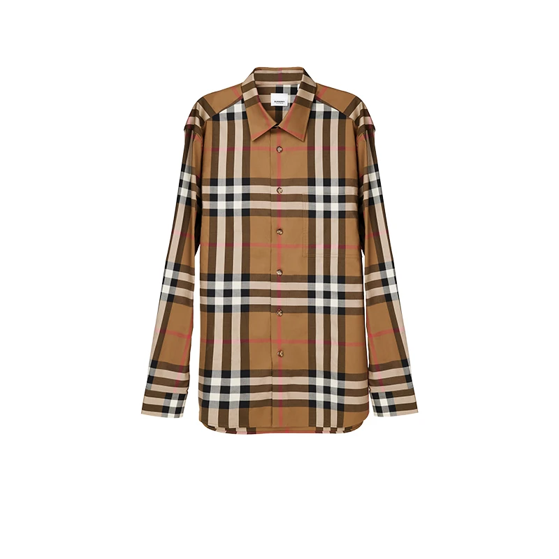 未使用 BURBERRY/博柏利 男款棕色翻领经典格纹拼色长袖衬衫