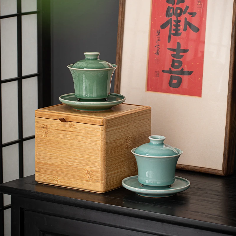 天青冰花汝窑三才盖碗陶瓷功夫茶具开片可养青瓷泡茶碗家用礼盒装