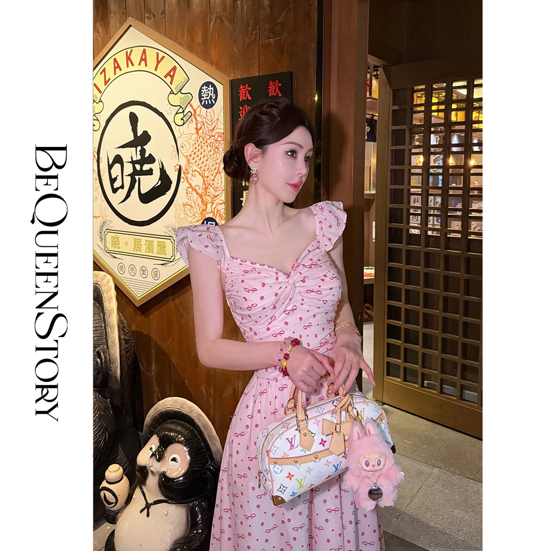 余潇潇【心动符号】100棉蝴蝶结小飞袖印花V领连衣裙夏季新款