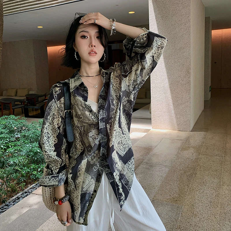 十三粥 隐形小资 复古印花长袖衬衫女夏季透气慵懒感翻领宽松上衣