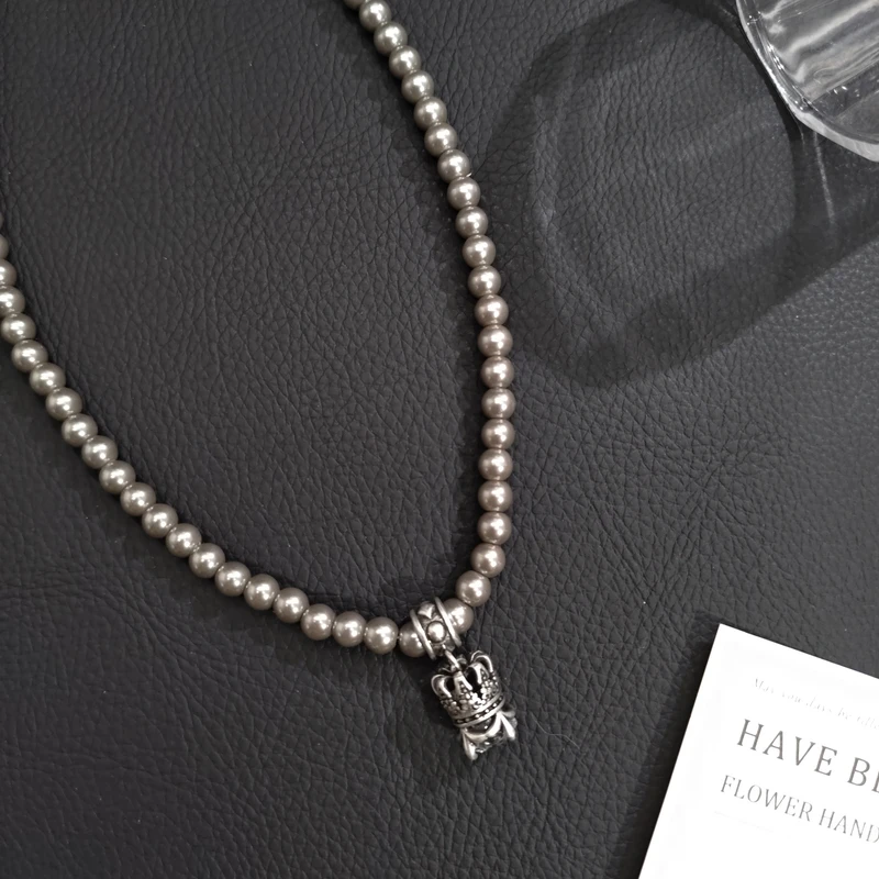 铜合金仿珍珠项链 05404个性气质灰色珠镂空塔头圆锆百搭项链