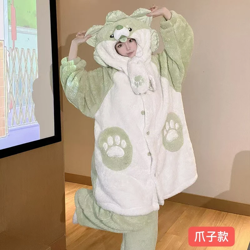 连帽青少年卡通动漫保暖冬季家居服套装睡衣睡袍