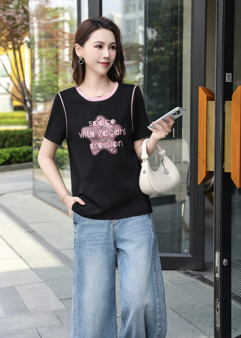 常规袖落肩袖圆领短袖常规复古港风通勤风拼接T恤