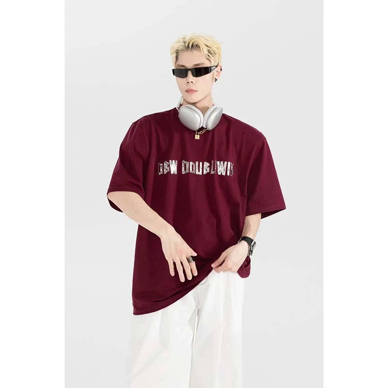 重磅短袖垫肩T恤软金属立体印花宽松体恤痞帅高级感男款boxy短袖