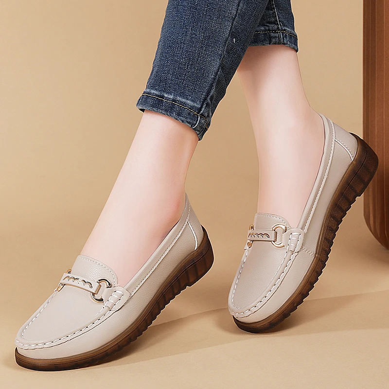 真皮软底豆豆鞋女春款孕妇单鞋女防滑舒适厚底超软牛筋底送妈妈鞋