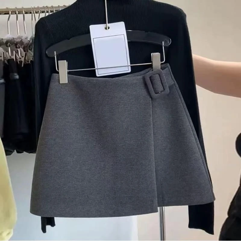 不规则开叉毛呢半身裙女冬季新款高腰显瘦A子设计感气质灰色短裙