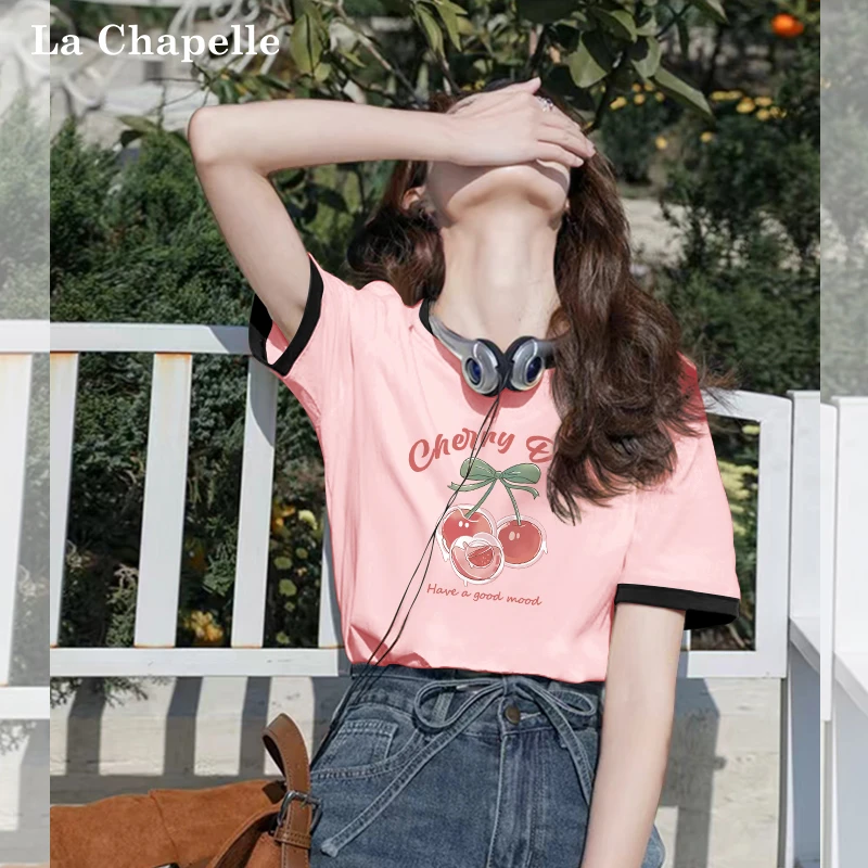 拉夏贝尔粉色洋气减龄纯棉短袖T恤女夏2025新款韩系细线百搭上衣X