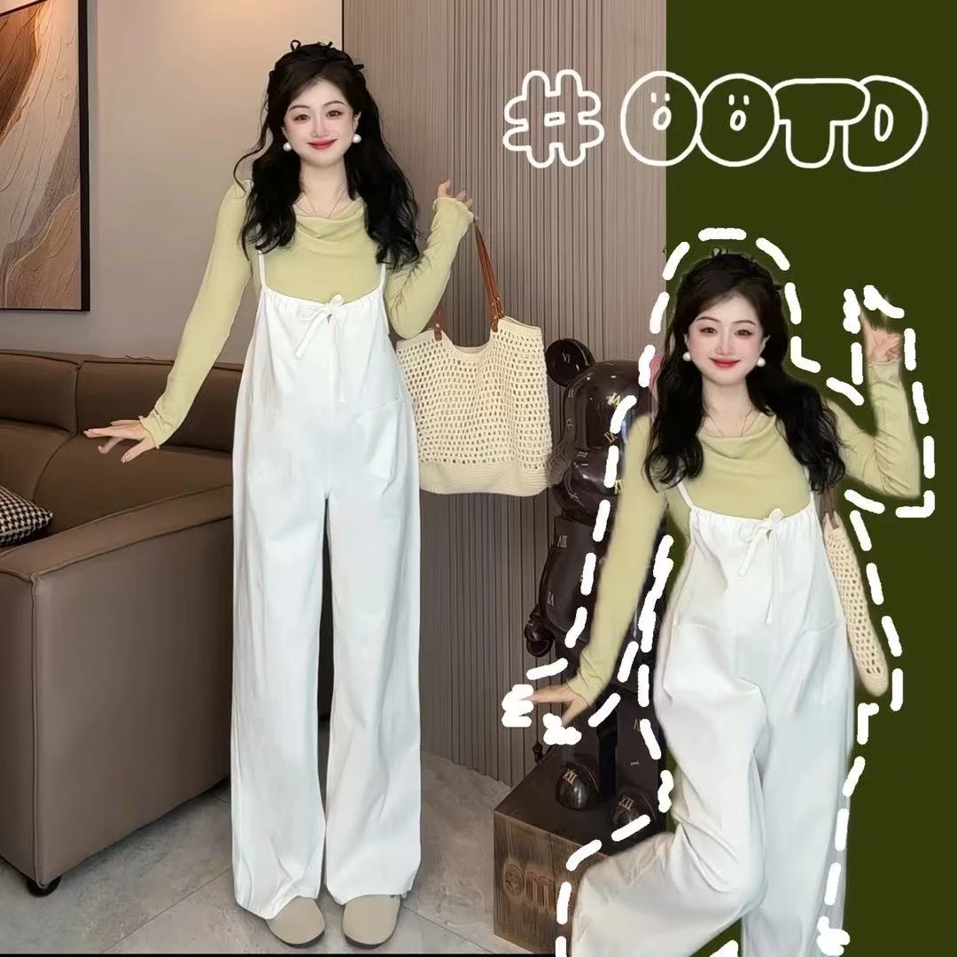 孕妇套装2025新款春季背带裤春夏款休闲减龄甜美阔腿裤宽松两件套