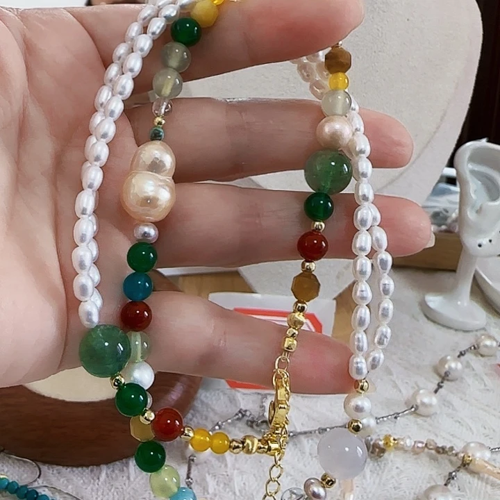 颈饰未镶嵌淡水珍珠白亮米珠设计多巴胺有纹