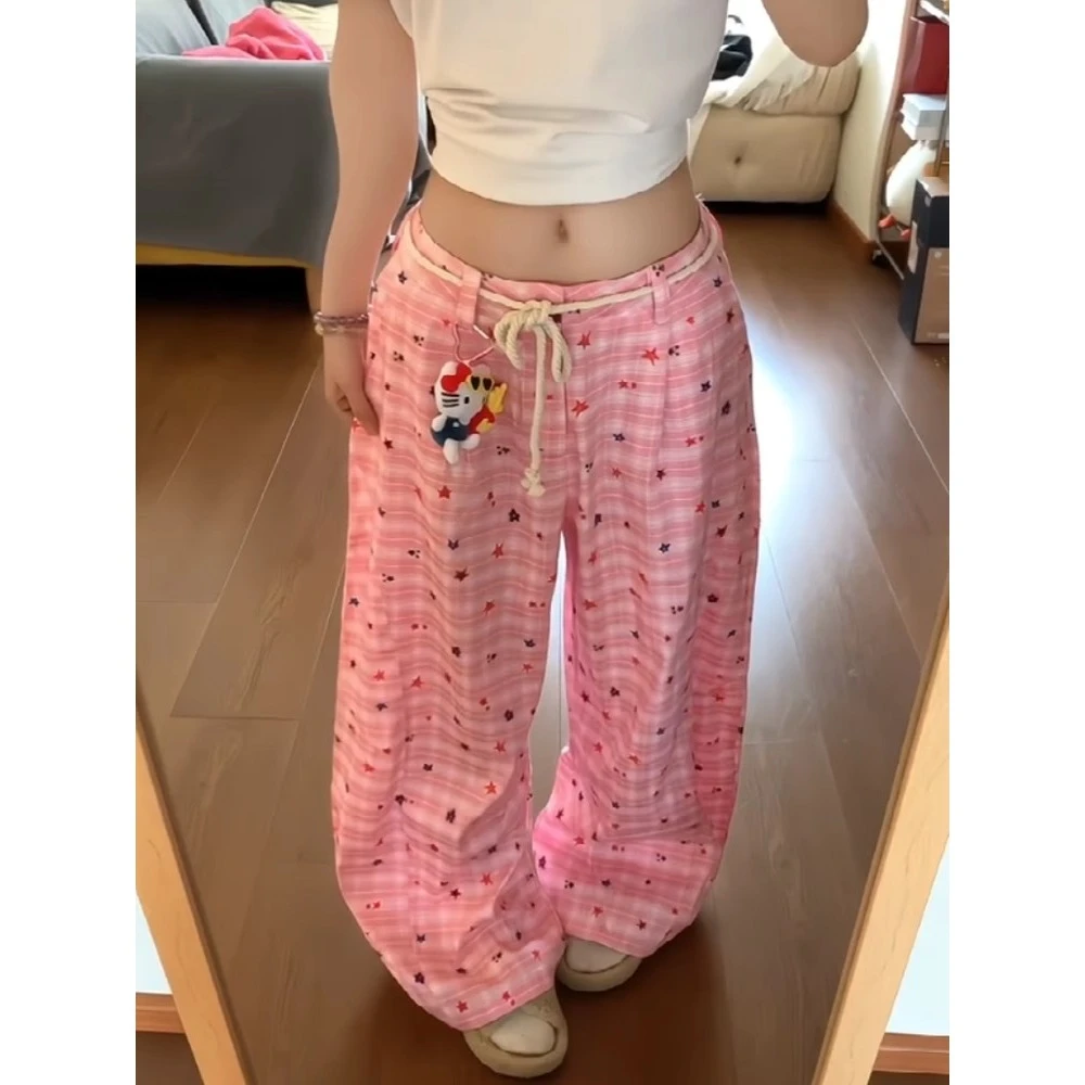 韩系甜酷辣妹星星印花阔腿裤女夏季新款粉色百搭休闲裤宽松长裤女