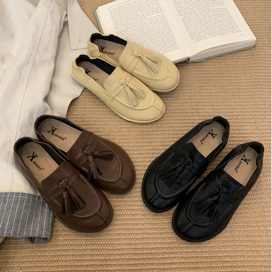 2025新款韩版复古平底圆头流苏乐福鞋一脚蹬懒人单鞋小皮鞋单鞋女