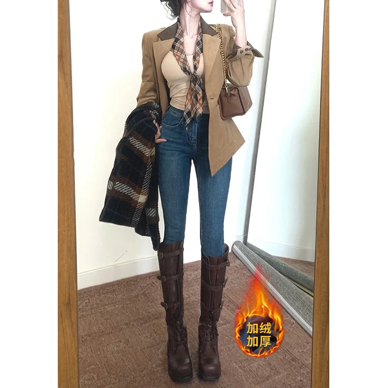 复古蓝紧身加绒牛仔裤女秋冬2025年新款高腰修身辣妹小脚铅笔裤子