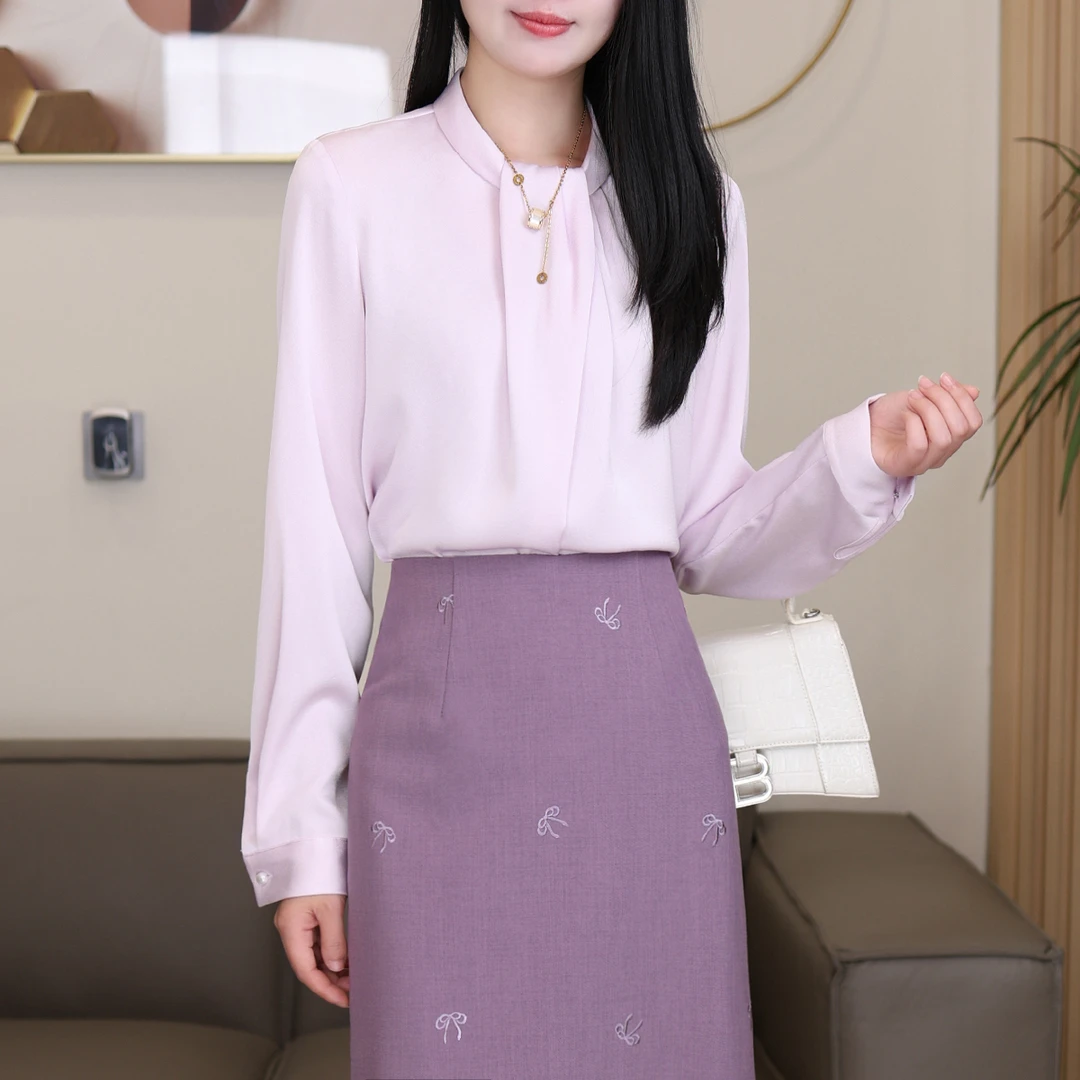 醋酸圆领衬衫春秋2025新款设计感百搭显瘦衬衣气质通勤上衣25001