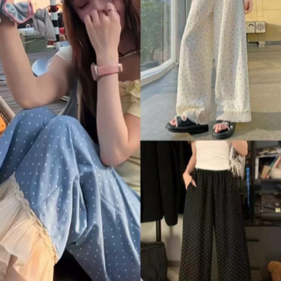 冰丝大码波点阔腿裤女夏季薄款小个子高腰显瘦蕾丝花边九分直筒裤