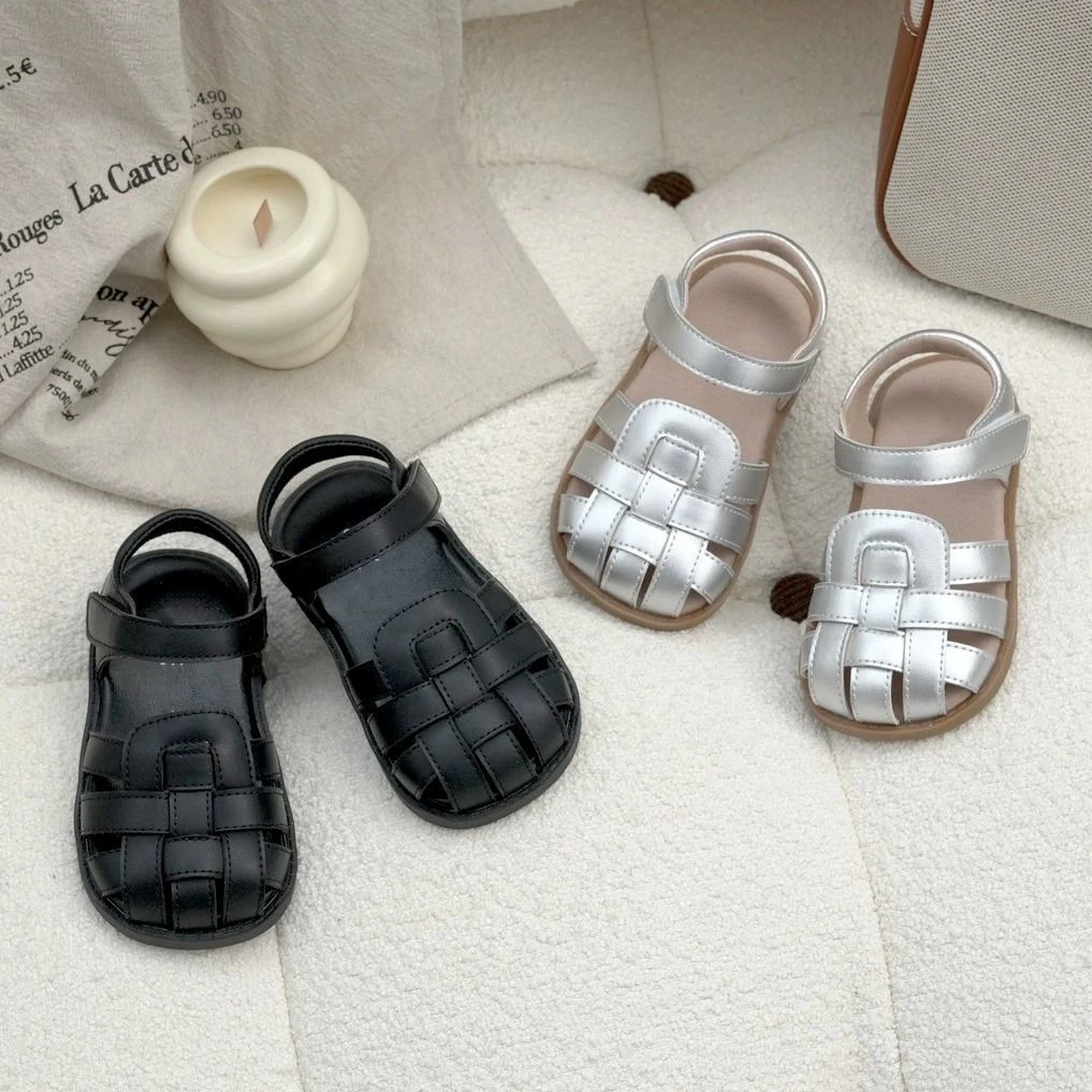 韩系女童凉鞋夏季新款儿童鞋子童鞋宝宝银色沙滩鞋女宝黑色软底鞋