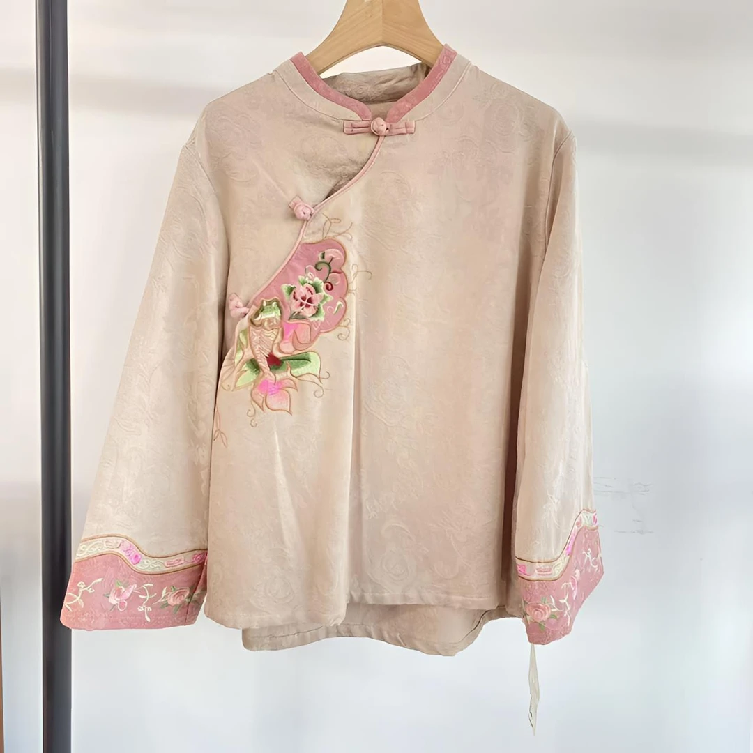春季复古新中式重工刺绣民族风斜襟长袖茶服8205-1肩40胸114长60