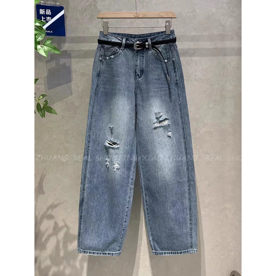 56525#高腰显瘦破洞牛仔裤女夏季新款时尚洋气百搭宽松