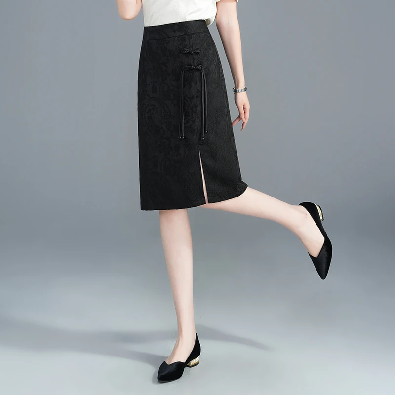 黑色提花新中式半身裙女2025夏季薄新款高腰a字国风中长款一步裙