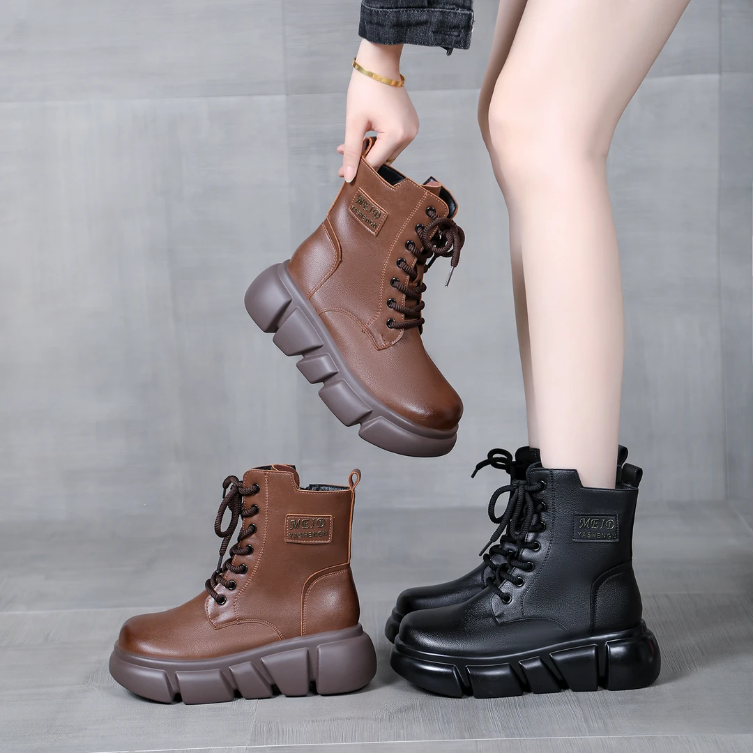 爆款真皮厚底马丁靴女2025新款秋冬季英伦风加绒小个子增高短靴潮