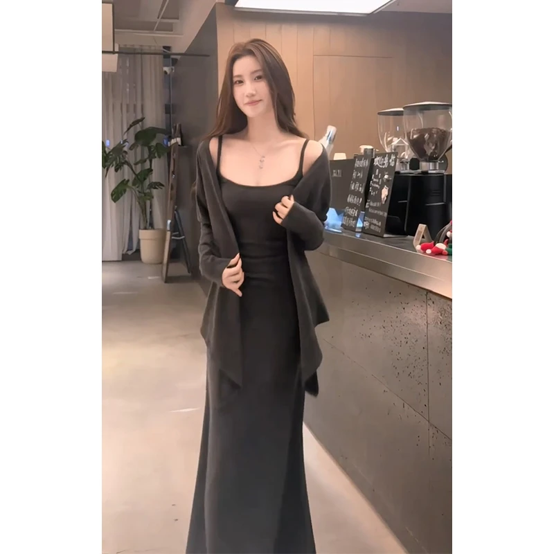 2025早秋新款法式设计感百搭长袖开衫修身吊带背心高腰显瘦半身裙