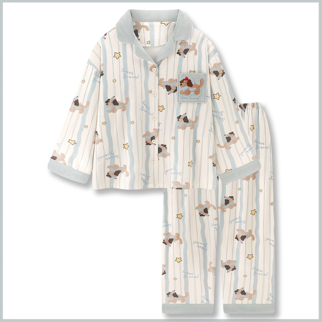 『小狗画卷』海岛绒睡衣女冬季新款薄绒条纹卡通家居服秋冬天套装