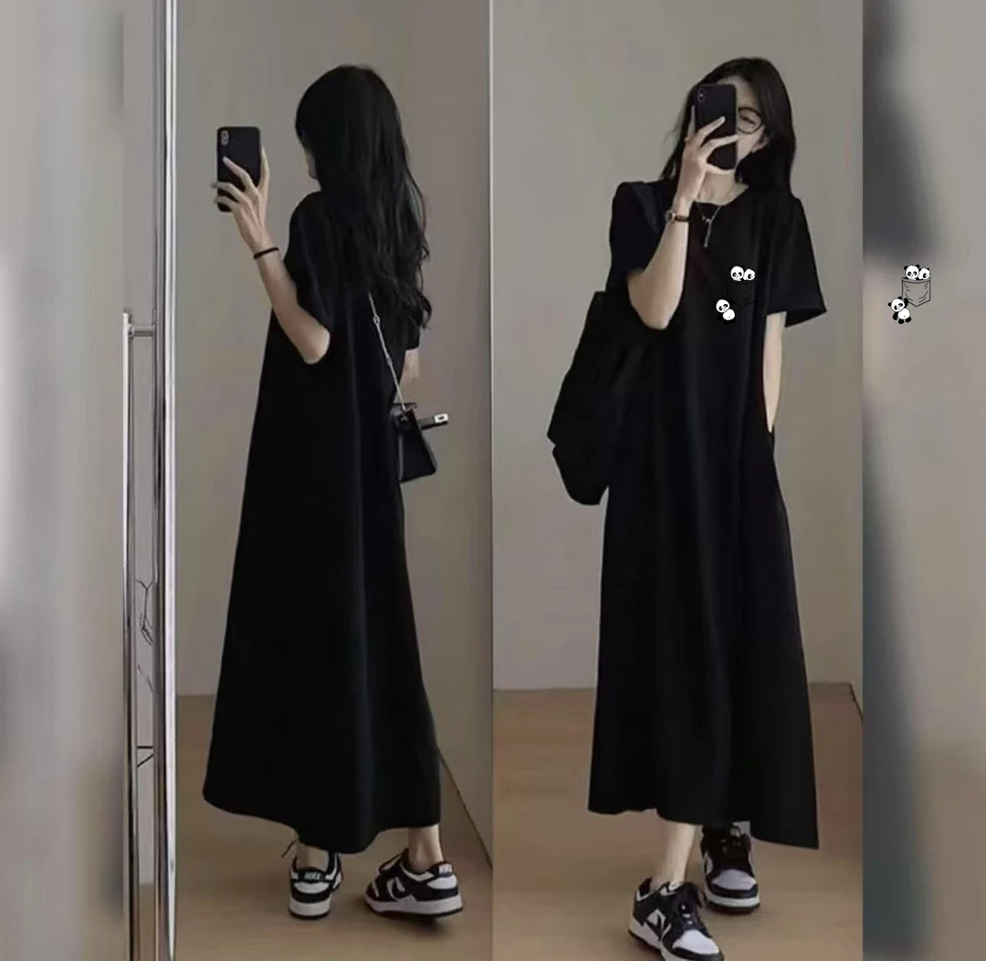 经典长款T恤连衣裙女夏短袖宽松休闲风韩版简约高级感长裙到脚踝