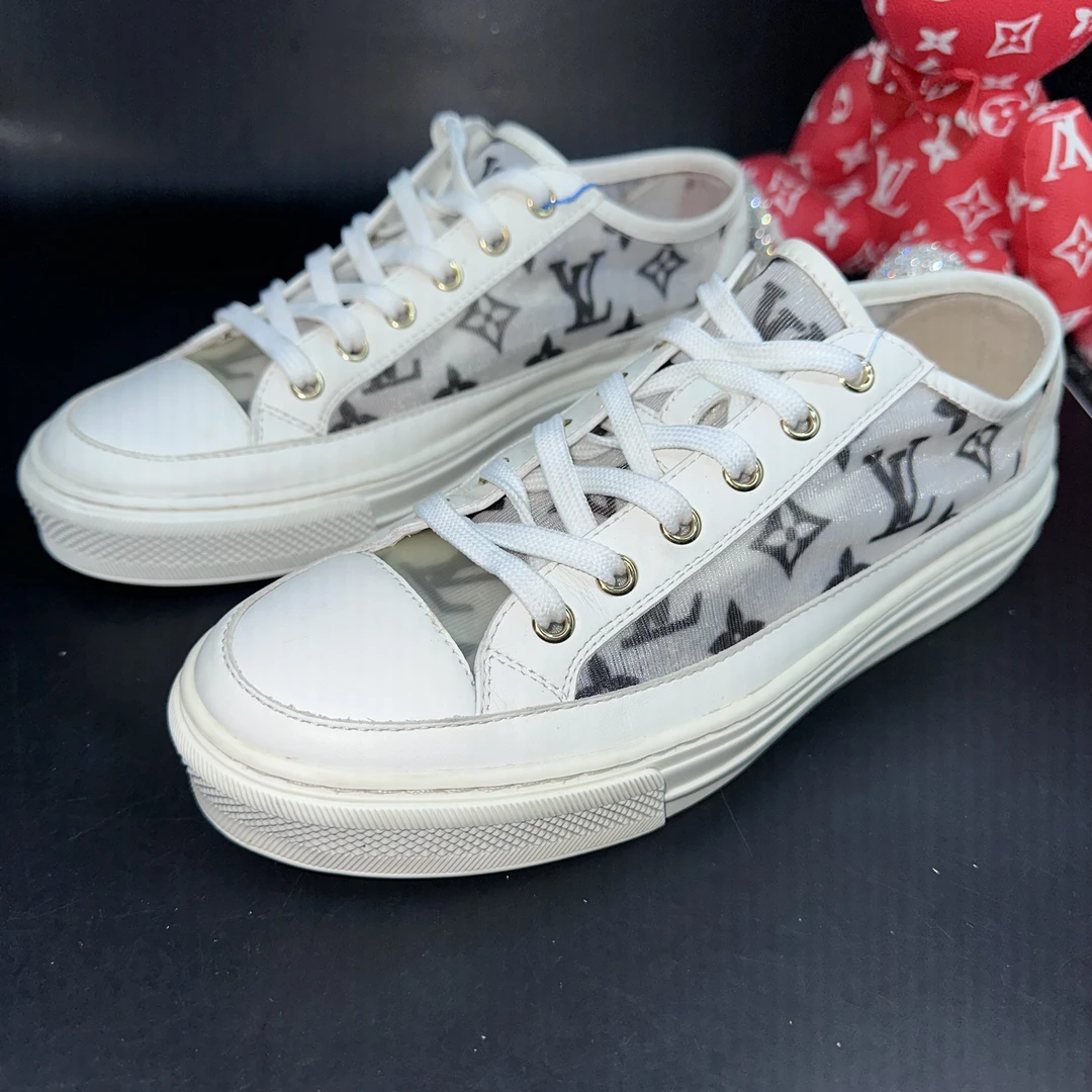 95新 LouisVuitton/路易威登 黑白网纱老花板鞋38欧码zzg22