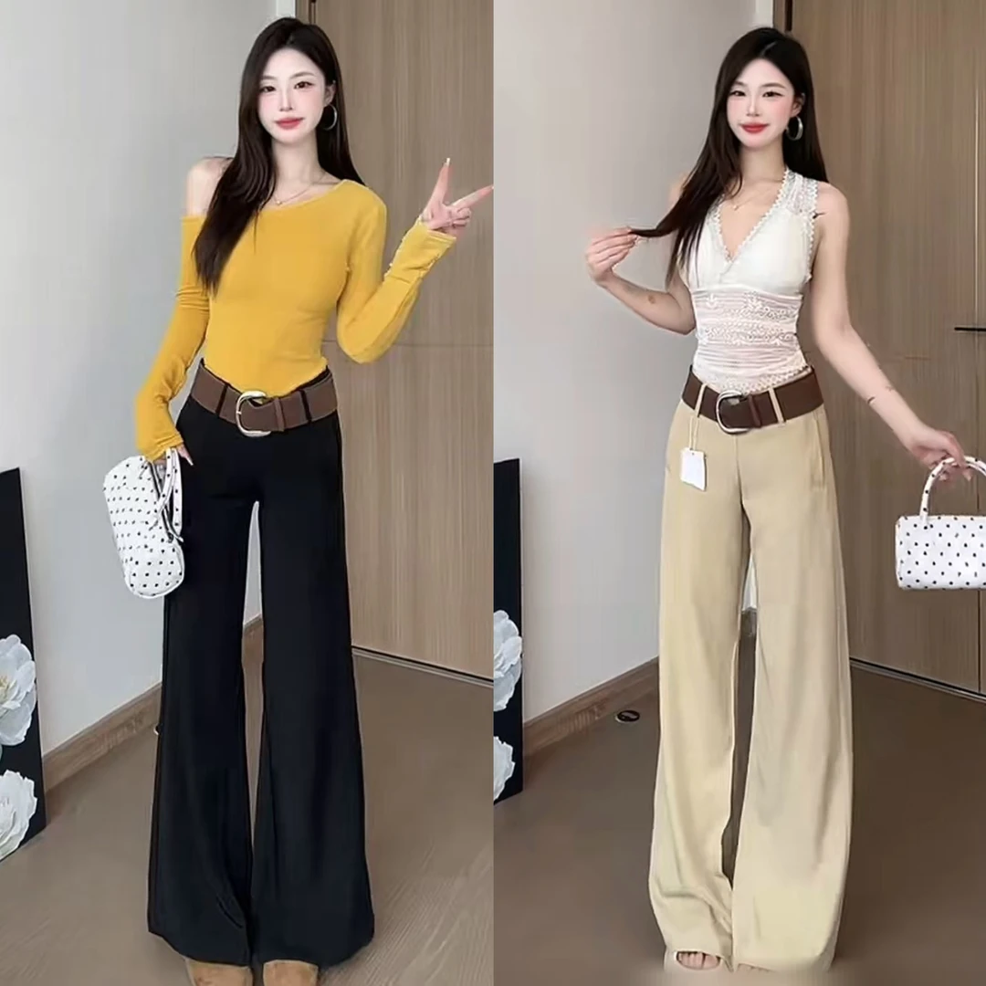 黑色中腰2025休闲裤女春夏卡其长裤宽松阔腿裤拖地喇叭裤灰