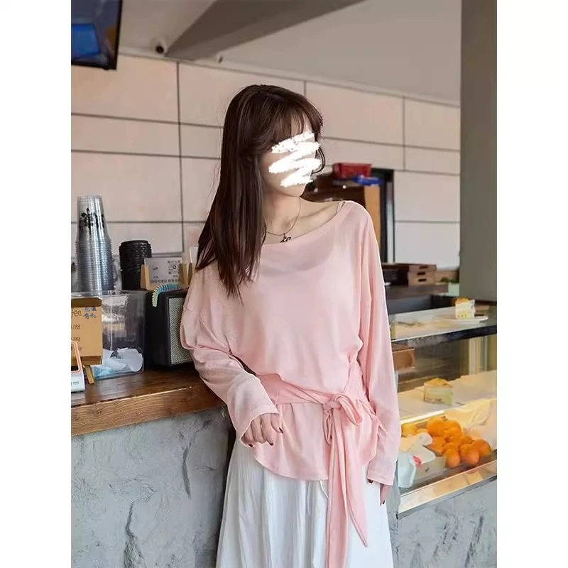辣妹绑带微透慵懒罩衫长袖显瘦夏季宽松T恤女薄款设计收腰上衣潮