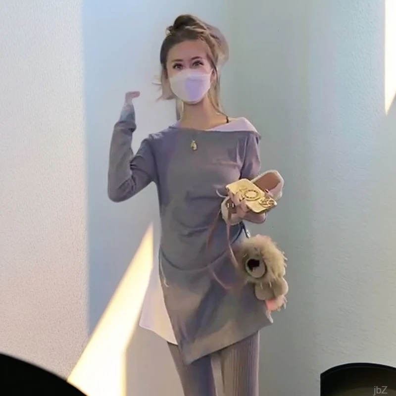 春节欧货韩潮网红修身长袖打底中长款T恤2025新年款时尚显瘦拼接