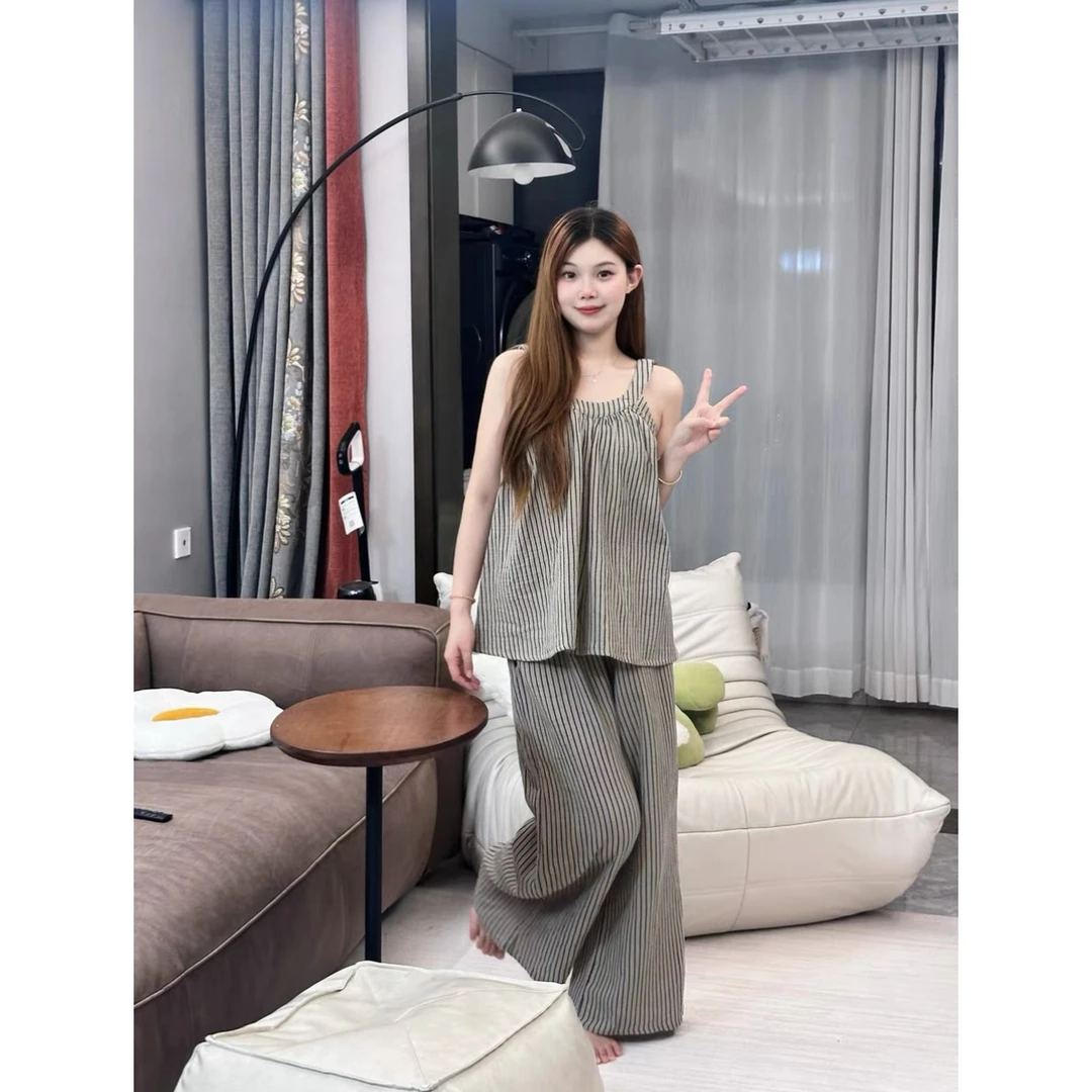 睡衣女新款薄款条纹吊带长裤休闲套装夏季可外穿宽松家居服