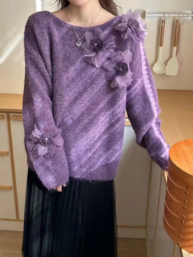 慵懒松弛感灰色毛衣女新款2025年秋季冬装宽松软糯立体花朵针织衫