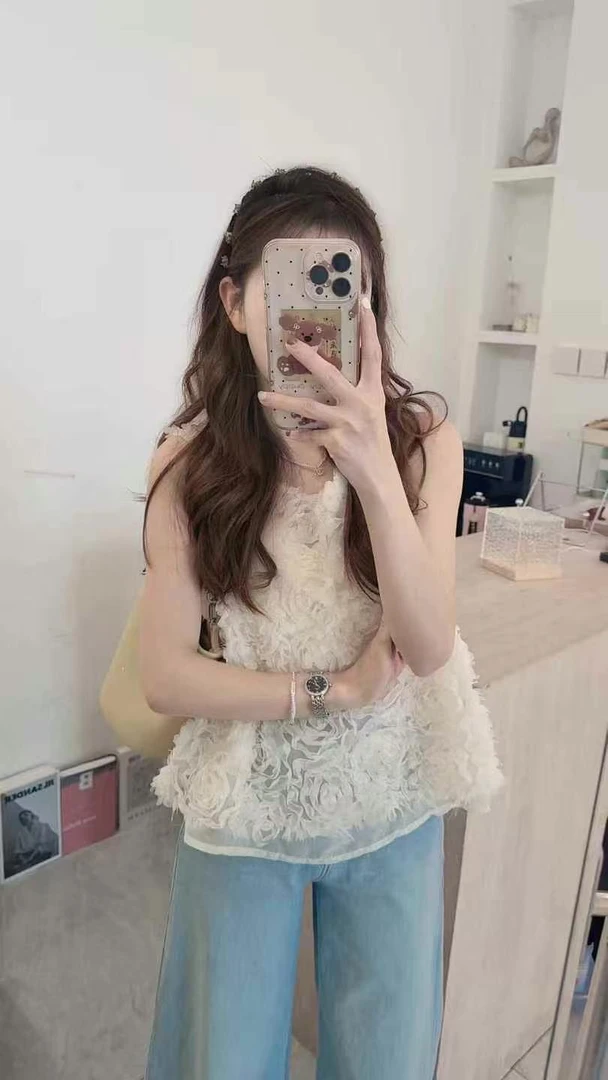 ouran 夏款G1317百搭显瘦立体花朵无袖小衫