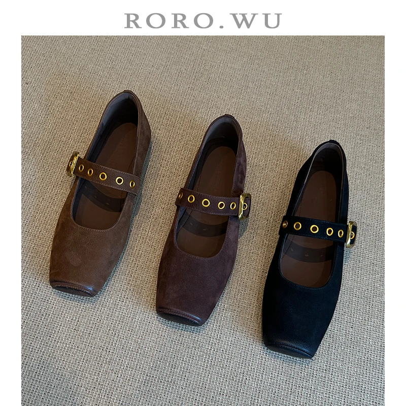娆娆吴·牛皮复古方头舒适气质简约百搭日常一字扣时装单鞋D973