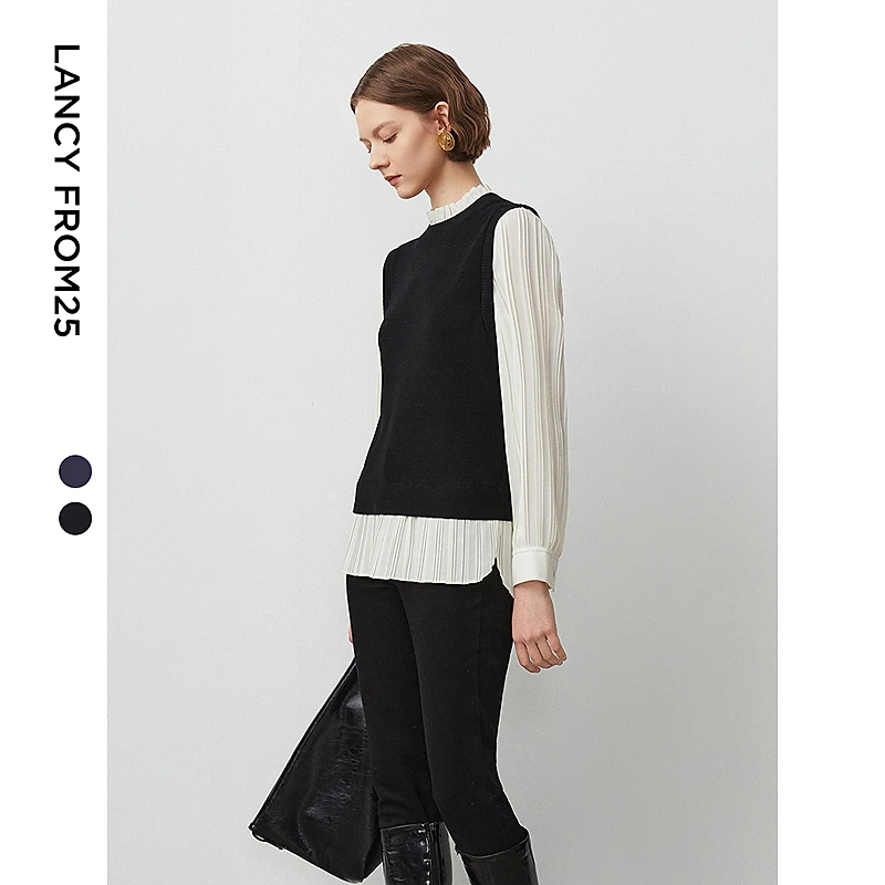 朗姿纯羊毛设计感假两件内搭打底上衣气质修身高级感毛针织衫冬季