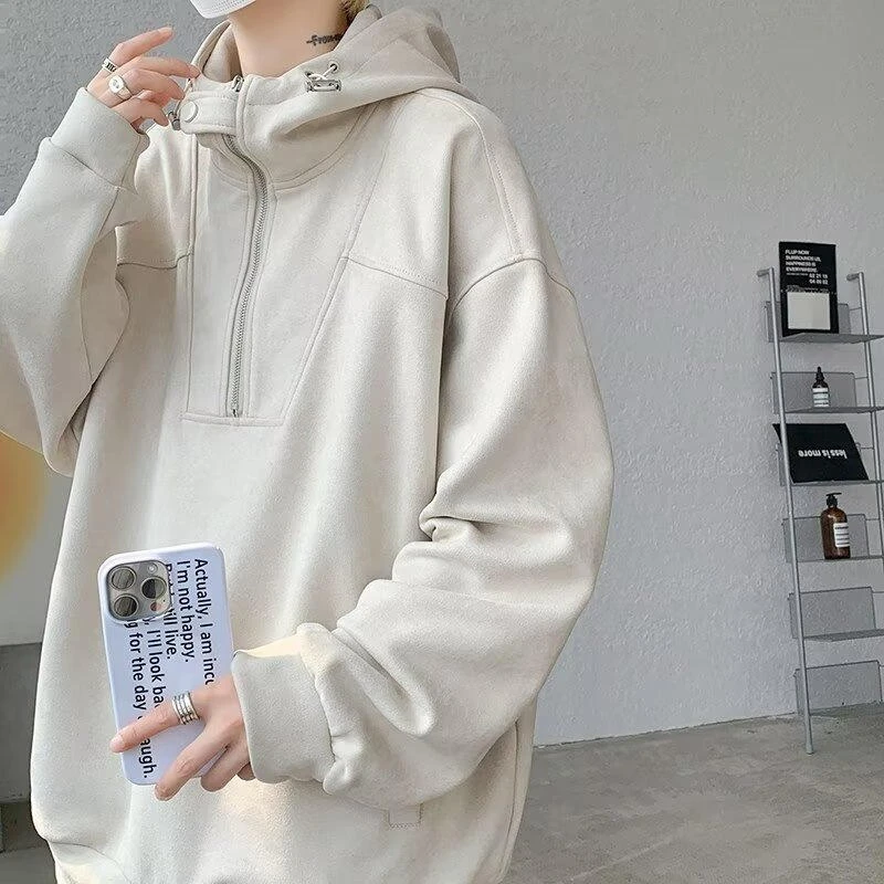 美式半拉链套头卫衣新款时尚设计感复古休闲宽松痞帅少年男生外套