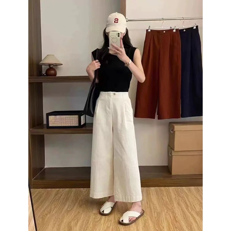 韩系阔腿裤女2025早春新款高腰宽松百搭直筒裤小个子九分休闲裤子