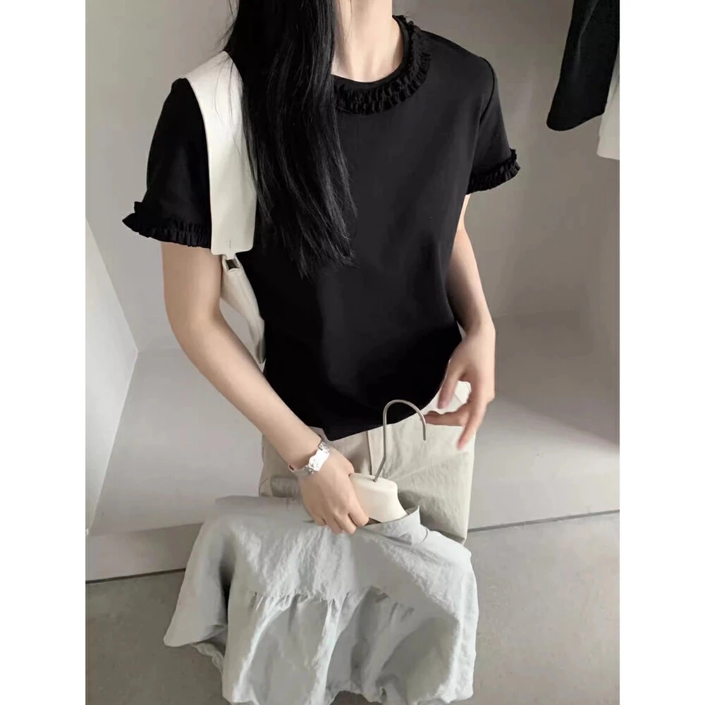十三行2025夏季新款别致木耳边拼接短袖T恤女小个子宽松圆领上衣