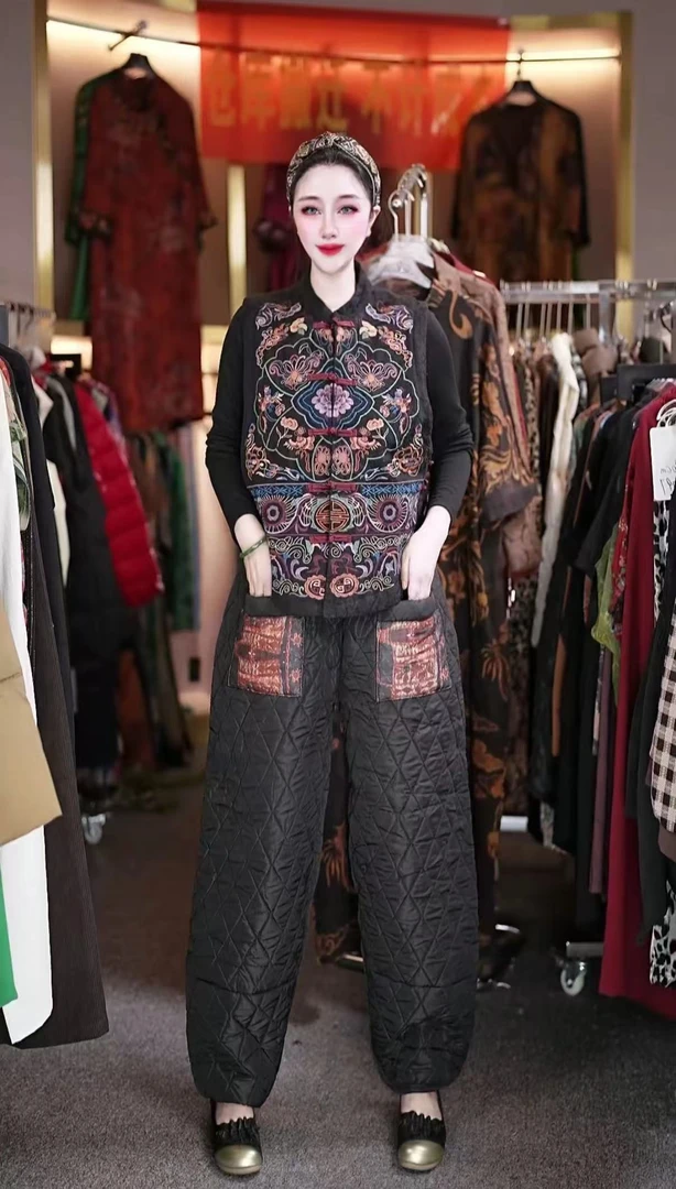 【韩国订单】加绒加厚外贸民族风复古口袋乱花时尚韩版哈伦裤LXQ