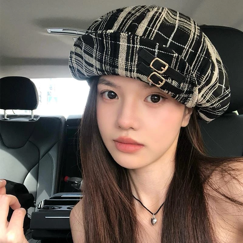 英伦复古格子八角帽女百搭素颜显脸小画家帽时尚皮扣报童画家帽子
