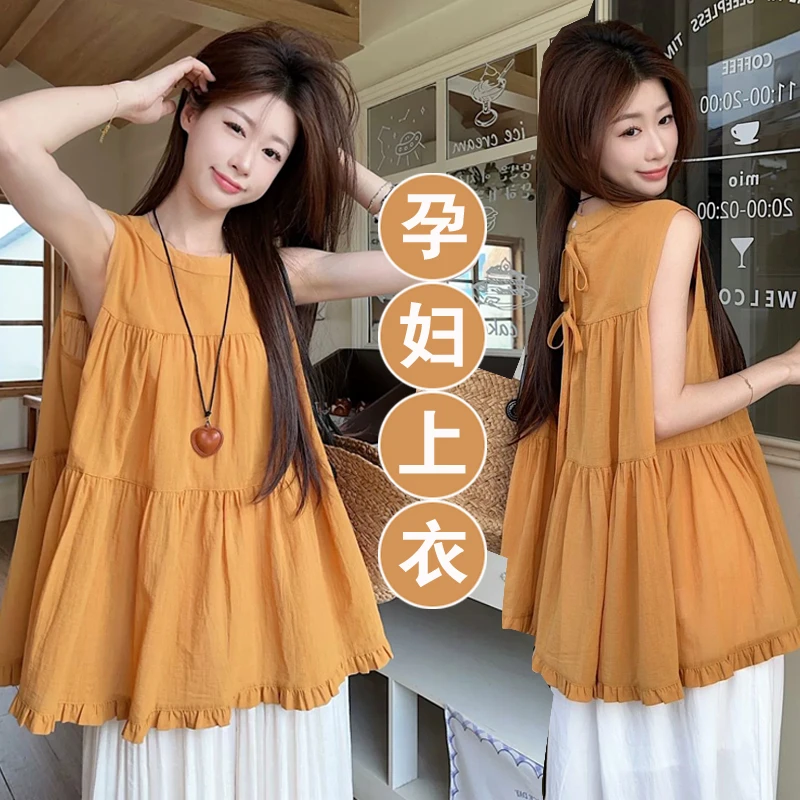 孕妇木耳边桔色无袖背心衬衫女夏季新款温柔chic宽松小众百搭上衣