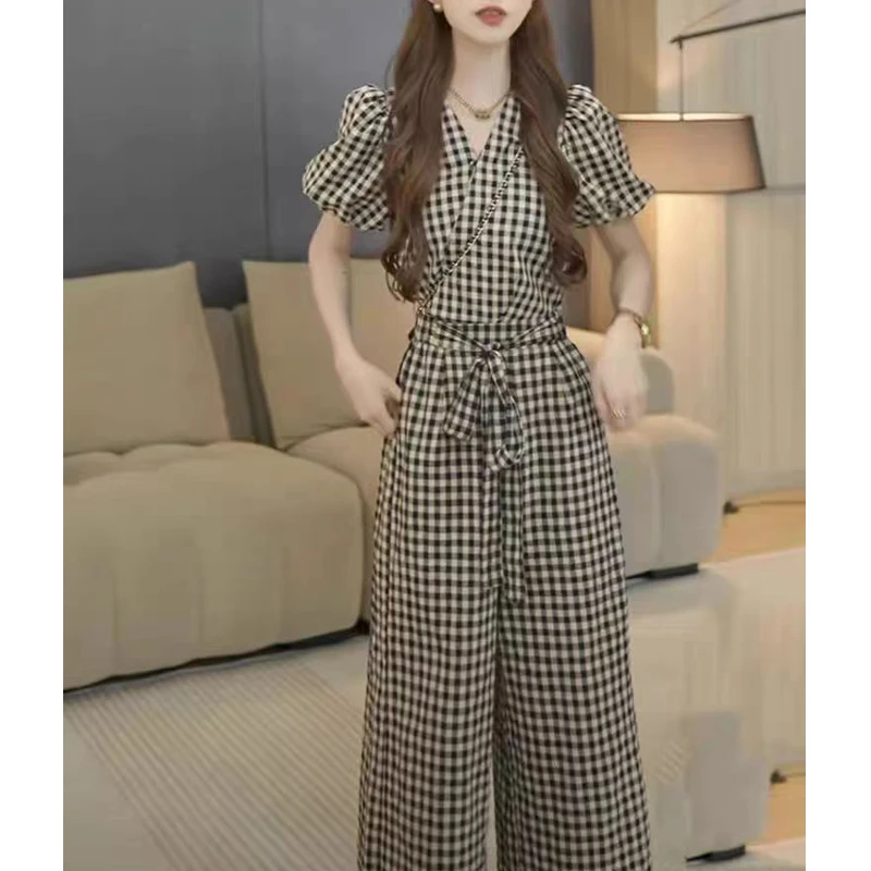 小个子超好看气质复古系带格子套装女2024休闲阔腿裤时尚两件套
