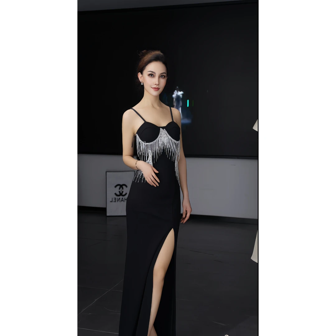 6258吊带礼服气质轻奢性感夏季黑色显瘦开叉小众名媛复古连衣裙