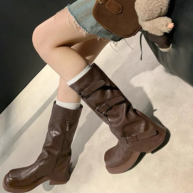 中长筒马丁靴女小个子堆堆靴女秋季棕色靴子厚底废土风西部牛仔靴